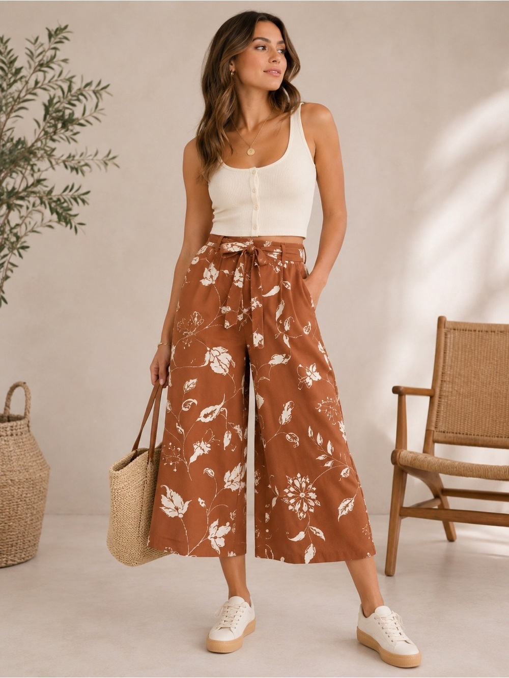Urban Outfitters Floral Wide Leg Gaucho Crop Pants Brown Cream Tie Waist medium